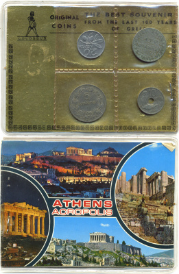 Греция набор из 4 монет ND для туристов, 5 драхм 1930, 10 лепта 1912, 20 лепта 1973, 2 драхмы 1926, в буклете 7-4-2-26