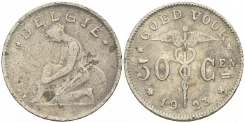 БЕЛЬГИЯ 50 САНТИМОВ 1923 BELGIE KM 88 никель 261-1663