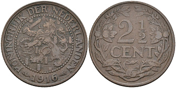 Нидерланды 2 1/2 цента 1916 Вильгельмина (1890-1948) KM 150 бронза 4116-317