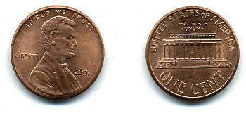 США 1 ЦЕНТ 2001 KM 201b цинк плакированный медью 46-1113