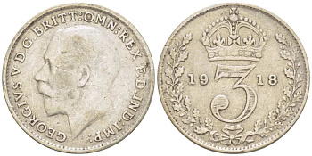 Великобритания 3 пенса 1918 Георг V (1910-1936) KM 813, Spink 4015 серебро 218-832