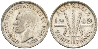 Австралия 3 пенса 1949 KG, Георг VI (1937-1952) KM 44 серебро 4585-262