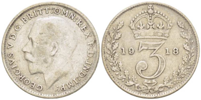 Великобритания 3 пенса 1918 Георг V (1910-1936) KM 813, Spink 4015 серебро 218-832