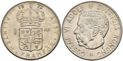 Швеция 1 крона 1973 U, Густав VI Адольф (1950-1973) KM 826a медь плакированный медно-никелем 4150-347