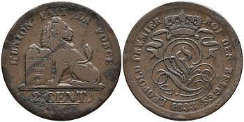 БЕЛЬГИЯ 2 САНТИМА 1833 BELGES KM 4.1 медь 95-641