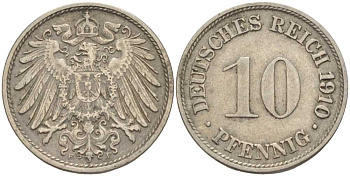 ГЕРМАНИЯ 10 ПФЕННИГОВ 1910 F KM 12, J. 13 медно-никель 31-947