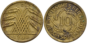 Германия 10 рейхспфеннигов 1930 D J. 317, KM 40 алюминиевая бронза    4603-816