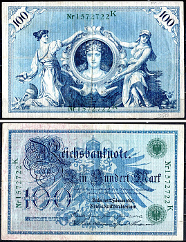 Германия 100 марок 1908 Pick 34 бумага 8595-30-1-2