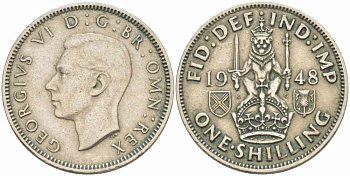 Великобритания 1 шиллинг 1948 Георг VI (1936-1952), Шотландский герб KM 864, Spink 4104 медно-никель 31-1132
