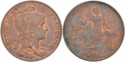 ФРАНЦИЯ 10 САНТИМОВ 1913 ТИП ДАНИЭЛЬ ДЮПЮИ KM 843, LA FRANC 136.23 бронза 109-332