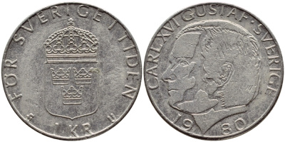 Швеция 1 крона 1980 Карл XVI Густав (1973- ) KM 852 медь плакированная медно-никелем 4397-952