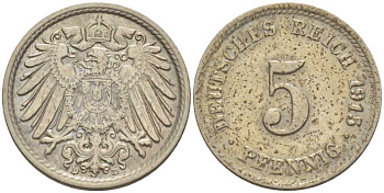 ГЕРМАНИЯ 5 ПФЕННИГОВ 1915 D KM 11, J. 12, Weege 6 медно-никель 206-1022