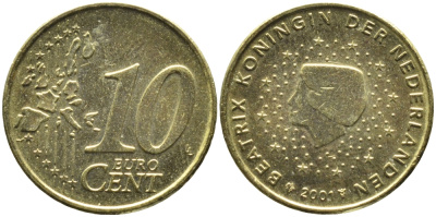 Нидерланды 10 евроцентов 2001 Беатрикс (1980-2013) KM 237 нордик UNC 4391-315