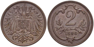 АВСТРИЯ 2 ГЕЛЛЕРА 1896 АВСТРО-ВЕНГЕРСКАЯ ИМПЕРИЯ KM 2801 бронза 201-325
