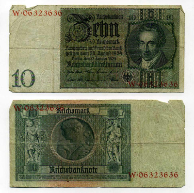 Германия 10 рейхсмарок 1929 Альбрехт Д. Тэер, буква Q, серия W Pick 180a, Ros. 173е  бумага 6287-50-3-1