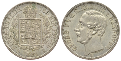 Брауншвейг-Каленберг-Ганновер 1/6 талера 1862 В, Георг  V (1851-1866) KM 238, Jaeger 95 AKS 145 серебро  aUNC  413-2122