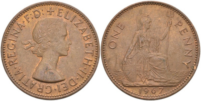 Великобритания 1 пенни 1967 Елизавета II (1952-2022) KM 897, Spink 4157 бронза 4574-332