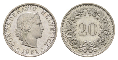 Швейцария 20 раппенов 1981 KM 29a медно-никель UNC 4630-1024