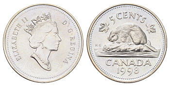 Канада 5 центов 1998 Елизавета II (1952-2022), бобр KM 182 медно-никель UNC 4701-462