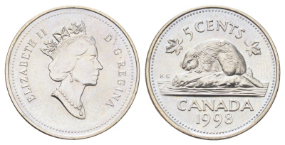 Канада 5 центов 1998 Елизавета II (1952-2022), бобр KM 182 медно-никель UNC 4701-462