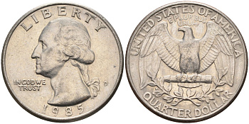 США 25 центов = квотер 1985 D, Вашингтон KM A164a медь плакированная медно-никелем 4584-1226