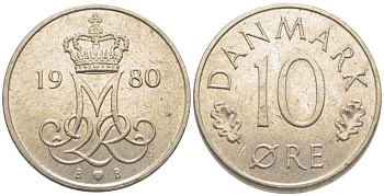 Дания 10 эре 1980 Маргрете II (1972-2024) KM 860.2 медно-никель 116-249