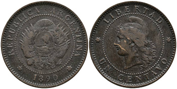 Аргентина 1 сентаво 1890 голова свободы влево KM 7 бронза 4525-1037