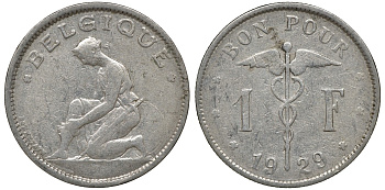 Бельгия 1 франк 1929 Belgique KM 89 медно-никель 4163-356