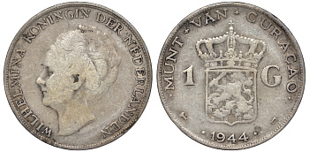 Нидерландское Кюрасао 1 гульден 1944 D, Вильгельмина (1890-1948) KM 45 серебро 36-421