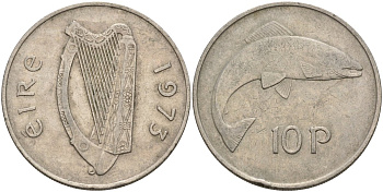 Ирландия 10 пенсов 1973 лосось KM 23 медно-никель 4144-1016
