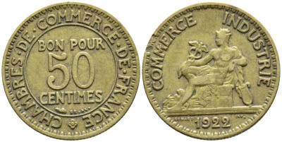 Франция 50 сантимов 1922 тип Chambre de Commerce KM 884, Le Franc 191.5 алюминиевая бронза 4110-1756