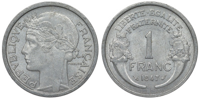 Франция 1 франк 1947 тип Morlon KM 885а.1, Le Franc 221.11 алюминий 4128-321