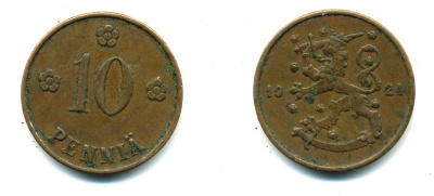 Финляндия 10 пенни 1924 республика (1918-1962) KM 24 медь 46-1051