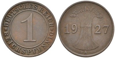 Германия 1 рейхспфенниг 1927 A KM 37, J.313, Weege 2 медь 4585-559