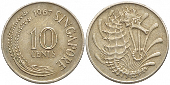 Сингапур 10 центов 1967 морской конек KM 3 медно-никель 105-1255