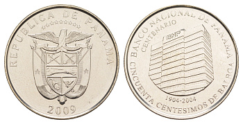 Панама 1/2 бальбоа (50 сентесимо) 2009 100 лет Национальному банку Панамы KM 139 медь плакированная медно-никелем UNC 4645-143