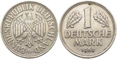 ФРГ 1 МАРКА 1969 D J.385, KM 110 медно-никель 3856-117