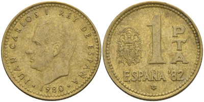 Испания 1 песета 1980 (81) чемпионат мира по футболу 1982 года в Испании, Хуан Карлос I (1975 - 2014) KM 816 алюминиевая бронза 4604-452
