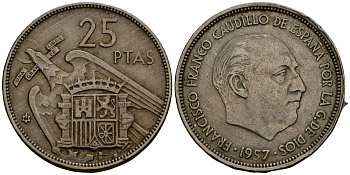 Испания 25 песет 1957 Франсиско Франко (1939 - 1975) KM 787 медно-никель 4168-1021
