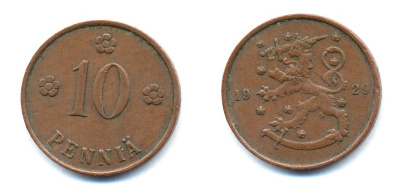 Финляндия 10 пенни 1929 республика (1918-1962) KM 24 медь 46-1635