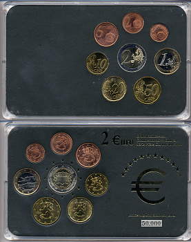 Финляндия евронабор от 1 евроцента до 2 евро  включает 2 евро 2007 Римский договор, планшет  биметалл, медно-никель  UNC  3-6-5-14