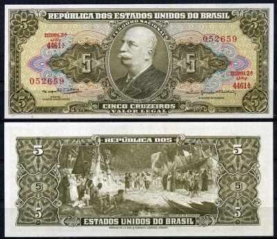 Бразилия 5 крузейро 1964 ESTAMPA 2A, серия 4461, Барао до Рио Бранко, подпись 14 Pick 176 d бумага UNC (пресс)   447-14-2
