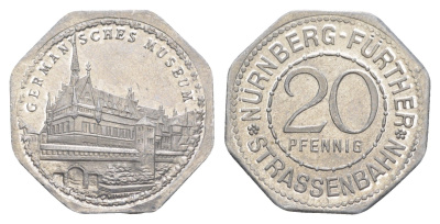 Нюрнберг трамвайный (транспортный) жетон в 20 пфеннигов ND (1920-1921) Германский национальный музей Men05 19256.14, Men18 24102.14 алюминий UNC 4638-252