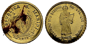 Сан-Марино 5 лир 1898 Апостол, миниатюра  золото  UNC 1521-943