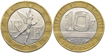 Франция 10 франков 1989 тип гений Бастилии KM 964.1, Le Franc 375.3 биметалл 110-1036