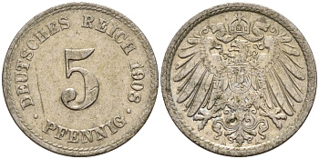 Германия 5 пфеннигов 1908 G KM 11, Jager 12, Weege 6 медно-никель 4151-513
