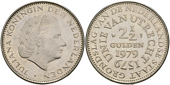 Нидерланды 2 1/2 гульдена 1979 400 лет Утрехтскому союзу, Юлиана (1949-1980) KM 197 никель 4162-743