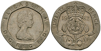Великобритания 20 пенсов 1982 Елизавета II (1952-2022) KM 931, Spink 4230 (G1) медно-никель 4167-1253