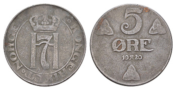 Норвегия 5 эре 1920 Хокон VII (1905-1957) KM 368a железо 4654-941