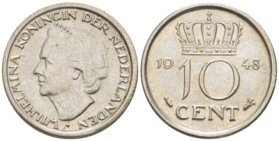 Нидерланды 10 центов 1948 Вильгельмина (1895-1948) KM 177 никель 214-1134